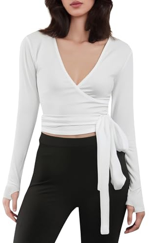 Edhomenn Top avvolgente da donna a maniche lunghe con scollo a V profondo aderente aderente con foro per il pollice camicetta da donna cravatta anteriore incrociata maglietta da yoga balletto pilates