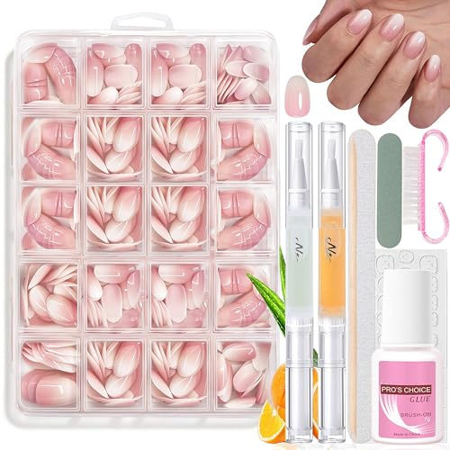360Pcs Falsche Nägel Zum Aufkleben, Mandel Rosa Gradient Kurze Künstliche Fingernägel Kit mit 2 Pcs Nagelöl Stift - Full Cover Fake Nails softgel Natürliches & Angenehmes Tragegefühl Manicure (Almond)