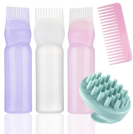Koxtyzo 3 Stück Haaröl Applikator Set, 6oz Hair Oil Applicator Bottle, Haarfärbebürste Flasche mit Kopfmassage Bürste und Kamm, Wurzelkamm Applikator Flasche für Hair Oiling Haar Colorationen