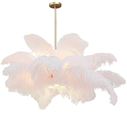 Luz De Plumas De Avestruz Creativa Americana, Lámpara De Techo De Fuente Auxiliar LED E14 +, Lámpara De Araña De Plumas Ligeras Para Accesorio De Iluminación De Sala De Estar/Blanco./100 * 65 Cm