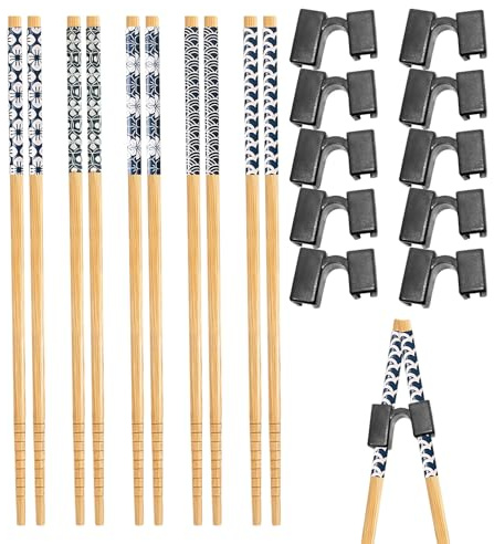 5 Pairs Chopsticks for Beginners with 10 Chopstick Helper Aids Reusable Training Chopsticks Helpers for Adults Dishwasher Safe Colors Comes (Black)