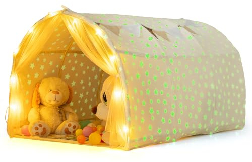 COSTWAY Tienda de Campaña Infantil, Túnel Casita Infantil de Tela con Estrellas Que Brilla en la Oscuridad, Cortinas de Red, Luces de Cadena, Banderines, Dosel Interior para Dormir y Divertirse