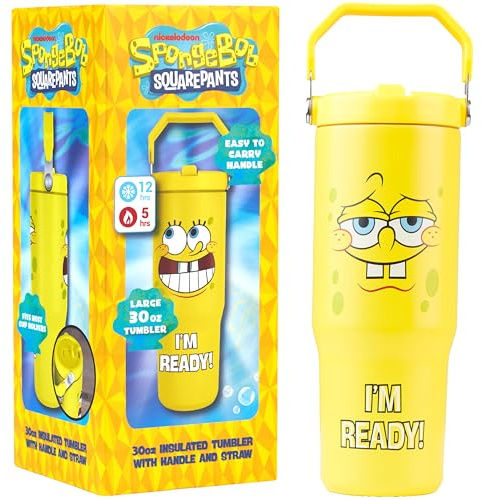 Get Trend SpongeBob Squarepants Tazza Termica con Manico e Cannuccia 850ml, Borraccia Termica Acciaio Inox Doppia Parete Senza BPA, Mantiene Freddo 12h e Caldo 5h (Giallo SpongeBob)