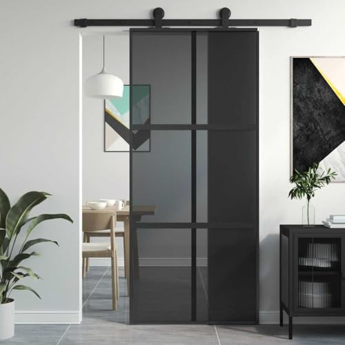 Puerta corredera negra de 90 x 205 cm, cristal templado y aluminio, para salón, cocina, cuarto de baño