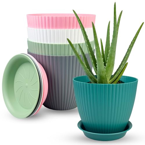 ZBXSNK 5 Pcs Colorful Plant Pots Indoor Plastic Planters, 16CM Large Flower Pot with Drainage Holes & Tray, Modern Decorative Flowers Planter Pot for House Plants and Outdoor Garden