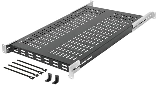 Tecmojo 1U hylla, 700 mm djup, variabelt djup från 495 mm till 950 mm, för fastmontering, justerbar, serverrackmontering med ventilationsöppningar, lastkapacitet 110 kg, svart