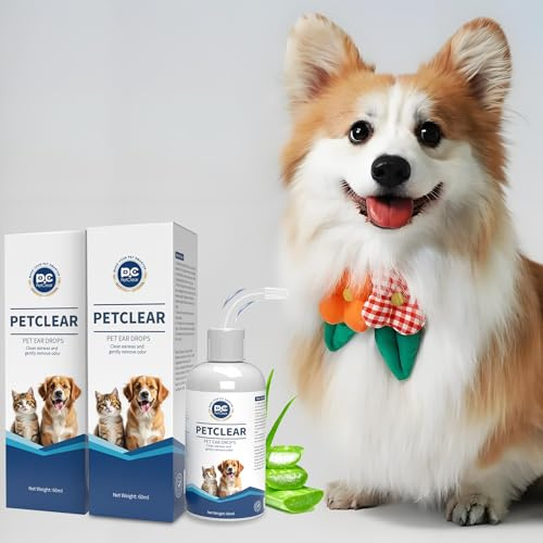 PETCLEAR Ohrenreiniger Hund, mit biegbarem Applikator, Nicht reizend Hund Ohrentropfen stoppen Ohren Entzündungen und Juckreiz, um Ohrgeuch, Schmutz und Müll zu beseitigen, 2 Flasche 120 ml