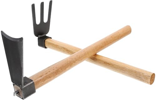 HOMSFOU Kit Outil de Jardinage 1 Set Houe Robuste et Râteau Compact Manche en Bois en Acier pour Plantation et Désherbage Ergonomique