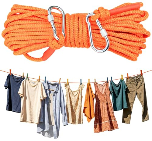 20m Heavy Duty Washing Line Polyester, 8mm Steel-core Strong Clothes Rope Washing Line with 2 Carabiner Hooks A Clothesline Suitable for Outdoor Gardens Balconies and Campi
