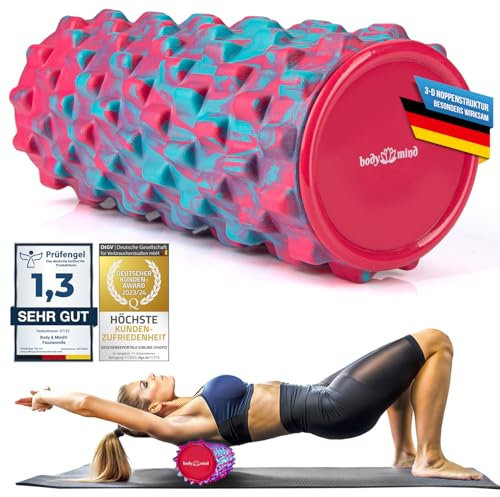 Body & Mind® Faszienrolle Massage-Rolle Fitnessrolle Sportrolle Therapierolle; Faszien-Training am Oberkörper, Nacken, Rücken, Beine, Waden & allen anderen Muskelgruppen; 33 x 14,5 cm; Pink-Blau