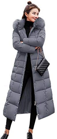 kisshes Women Ladies Long Padded Puffer Coat Winter Warm Cotton Quilted Jacket Parka with Removable Faux Fur Hood Grey M