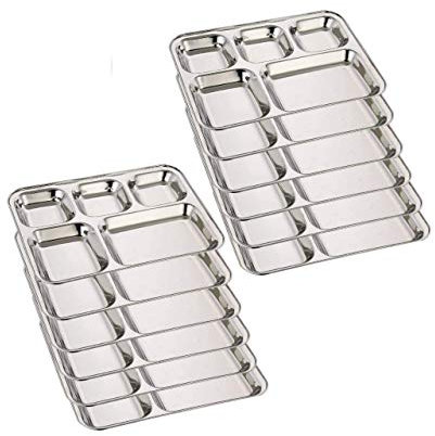 WhopperIndia Rectángulo de acero inoxidable Plato hondo 5 bandejas divididas para niños Almuerzo, campamento, eventos y uso diario 34 cm cada uno - Juego de 12 piezas