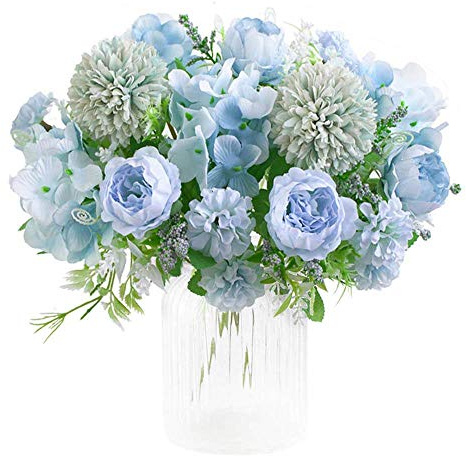 KIRIFLY Künstliche Blumen,Unechte Blumen Deko Künstlich Pfingstrose Gefälschte Seide Hortensien Dekoration Plastik Nelken Blumenarrangements Hochzeit Blumenstrauß Seidenblumen Tisch-Mittelstücke(Blau)