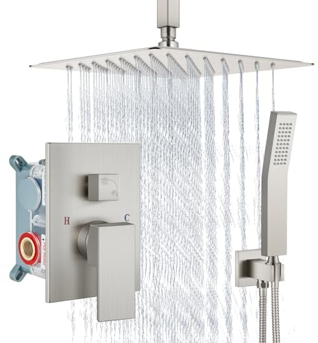 Aolemi Duscharmatur-Set Deckenhalterung Duschsystem Grobventil und Duschverkleidung Kit 25,4 cm Duschkopf Einzelhandbrause Quadratischer Knopf Gebürstetes Nickel