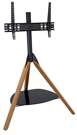 AVF Hoxton TV Floor Stand - Free-standing Tripod TV Unit, Solid Light Wood Legs, Black Glass Shelf, For TVs 32 to 70