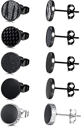 JeweBella 5 Paar Ohrringe Herren Edelstahl Runde Schwarz Matt Knorpel Piercing Ohrstecker Set für Damen Männer Hypoallergen Ohrstecker Herren Schmuck 8/10/12MM