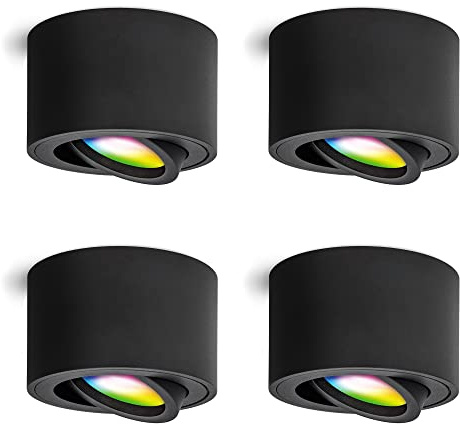 linovum SMOL Aufbauspot 4er Set schwarz schwenkbar Smart LED WLAN RGBW | Vier smarte Deckenspots schwarz - schwenkbar, per App & Alexa steuerbar, RGB-Farblicht, fürs Wohnzimmer, ohne Hub