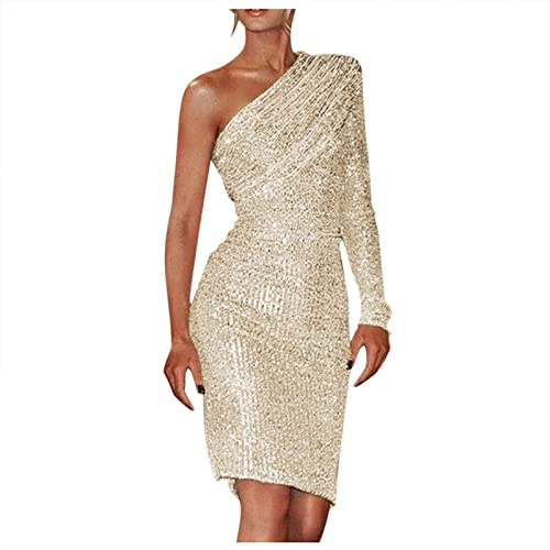 Cocktailkleid Damen Partykleid Damen Pailletten Kleid Elegant Abendkleid Cocktailkleid mit einem Ärmel Hohe Taille Glitzerkleid Knielang Bleistiftkleid Ballkleider