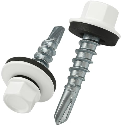 4.8 mm x 35 mm Vis de toiture, tête hexagonale autoperceuse colorée (RAL 9010 Blanc pur) vis de toit avec rondelle scellée en EPDM, vis à gros filets trempés zingués antirouille (50 pièces)