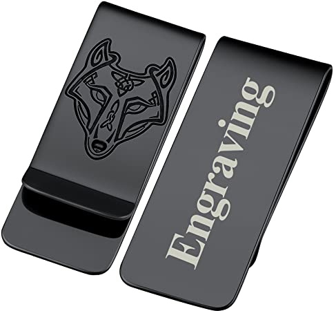 FaithHeart personalisierbar Geldscheinklammer für Herren Männer Wikinger Wolfkopf Geldspange 22mm breit Money Clip für Papa Freunden