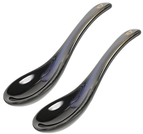 UPKOCH 2 PièCes CuillèRes En CéRamique Bleue - CuillèRes Chinoises Pour Soupe, Ramen, Udon, Bouillie Et ApéRitifs - Design Ergonomique Avec Trou De Rangement Facile
