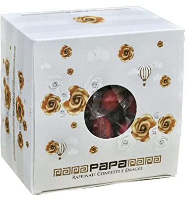 CONFETTI PAPA MONODOSE CIOCCOLATTE ROSSO LAUREA in Vassoio da 500 g Mandorla tostata ricoperta di cioccolato bianco, confettata. Il dragée dal sapore più gentile è quello con cioccolato bianco e latte