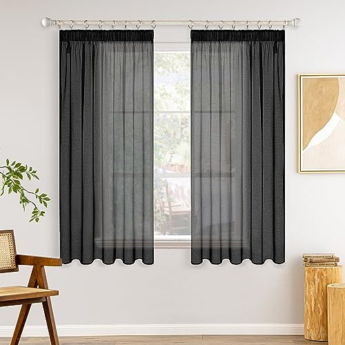 MIULEE Gardinen mit Kräuselband, Schwarz Transparent, 2er Set 140 x 145 cm | Farbiger Transparenter Voile Vorhang mit Kräuselband, Ideal für Wohnzimmer, Schlafzimmer, Modernes Wohnaccessoire