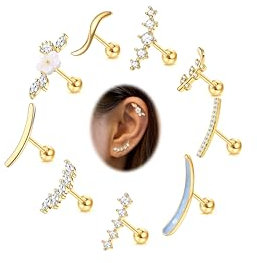 FIOROYAL 9 Stück 16G Helix Piercings Chirurgenstahl Blumen Helix Piercing Opal Top Piercing Ohr CZ Tragus Conch Piercing Gold Knorpel Ohrringe für Damen