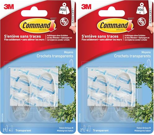 Command 17091CLR Haken M (900g, 2 Haken + 4 Strips in M) transparent (Packung mit 2)