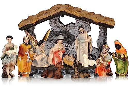 Geetery Cartoon Christmas Nativity Set Includes Manger and Figurines Rustic Resin Xmas Colorful Nativity Scene Religious Table Figurines Decorations for Christian Tabletop Home Decor (Simple)