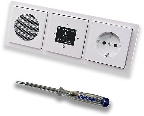 Busch Jäger DAB+ 8217U-101 Future Linear Studio Radio encastrée Bluetooth (dans et en sortie) avec haut-parleur, couvertures, prise de courant, cadre + testeur de phase EBROM pour montage d'appareils