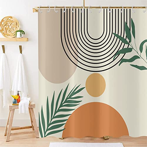 Hnmdmyi Cortina de Baño Boho 180x200, Mediados de Siglo Abstracto Verde Hoja Arco Sol Moderno Minimalista Arte Estético Impermeable Tejido de Poliéster