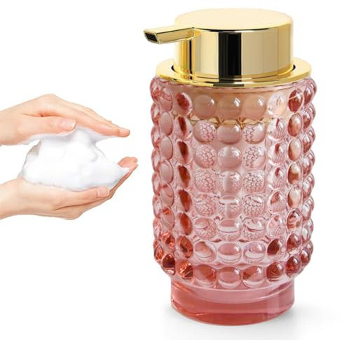 Foaming Soap Dispenser, 10 Oz Clear Glass Foam Hand Soap Dispenser for Bathroom & Kitchen, Refillable Foaming Pump Bottle with Gold Pump, Modern Dish Soap Foam Dispenser (Pink-1)