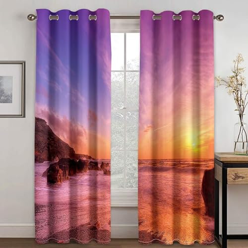 MTBDDyyds Vorhänge Für Kinderzimmer Jungen - 3D Sonnenuntergang Himmel Strand 160X132Cm - Kinderzimmervorhänge Mit Ösen, Verdunkelungsvorhang Gardinen Schals Vorhang Blickdicht
