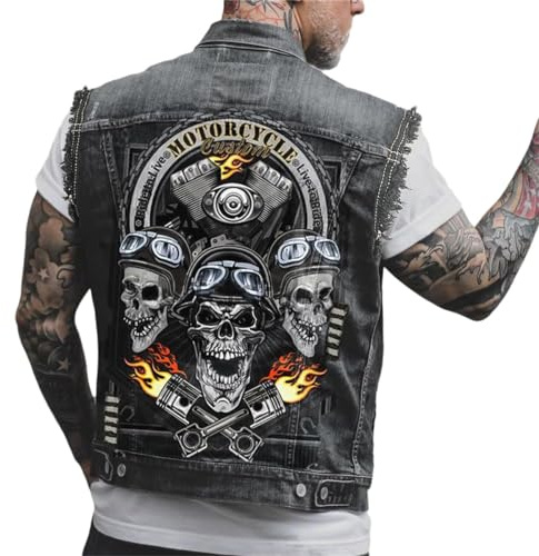 Agiyenna Veste en Jean Sans Manches pour Hommes Punk Gothique Motard Mode Veste en Jean Veste Imprimée Tête de Mort Manteau Vêtements D'extérieur Tendance avec Boutons Veste de Loisirs en Plein Air