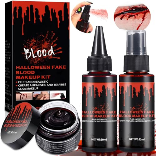 ZQEJEFD Halloween Set de Faux Sang, Lot de 3 Plasma Coagulé+Spray+Faux Sang | Halloween Maquillage pour Visage Fake Blood, Faux Sang Lavable pour Carnaval Film Maquillage de Vampire Cosplay