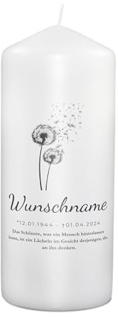 PhotoFancy® - Personalisierte Trauerkerze - Fotokerze mit eigenem Foto/Text bedrucken lassen - Kerze mit Design: Pusteblume - 19 cm Höhe