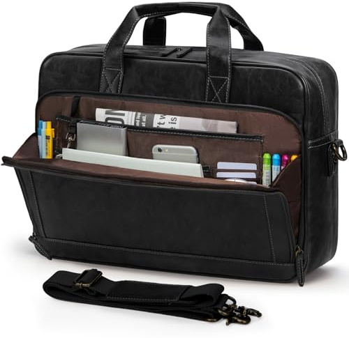 RAINSMORE Maletín de cuero para laptop, de 16 pulgadas, estilo vintage, para hombre, grande, cruzado, para oficina, computadora, bolsa de adjunto, bolsa de colegio, para negocios, trabajo, viajes,