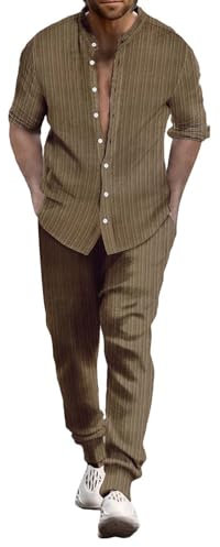 Junger Herrenanzug Slim Fit Herren Sommer Atmungsaktiv Zwei gerollte Ärmel Hemd Hose Set Herren Sportbekleidung Herren Zweiteilige Sportbekleidung, coffee, XL