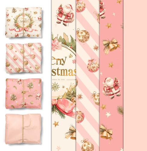 NICROHOME EUR 24 Blatt Rosa Weihnachten Geschenkpapier 15 x 20 Zoll | Seidenpapier mit Schleife und Weihnachtsmann-Muster, Geschenkpapier für Weihnachts Kleine Geschenke für Mädchen und Frauen
