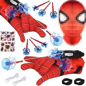 STFYUG 2 stück Launcher Handschuh, Spiderm Handschuhe Kinder, Spiderm Hero Handschuhe, Spiderm Spinnennetz Werferr mit Maske und Aufkleber Cosplay, Spiderm Handschuhe, Spidey Spielzeug