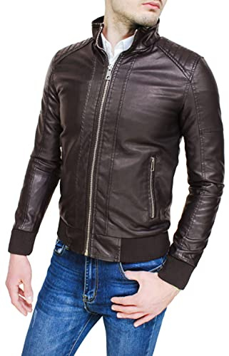 Evoga Giubbotto giacca uomo casual nero slim fit in ecopelle giubbino bomber moto chiodo