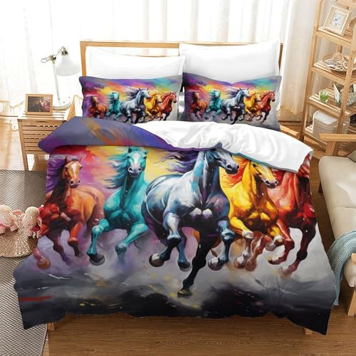 UFAZEHDNS Pferd Bettbezug Bettwäsche Set Kinderbettwäsche Reißverschluss Mit Kissenbezügen Betten Set Für Jungen Und Mädchen, Kinder Single（140x200cm）