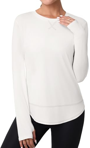 Terecey Langarmshirt Damen Atmungsaktive UV Schutz T-Shirt Locker UPF 50+ Sonnenschutz Sportshirt Laufshirt Lässig Funktionsshirt Trainingsshirt mit Rundhals und Daumenloch, Weiß S