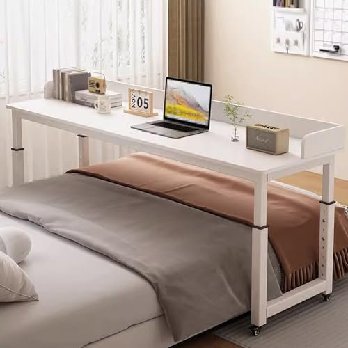 Überbetttisch mit Rollen, höhenverstellbar, Massivholz, mobiler Betttisch, Computertisch, Dicker Stahlrahmen mit Schallwand, geeignet für Esszimmer, Laptop-Computer (weiß, 150 x 50 cm)