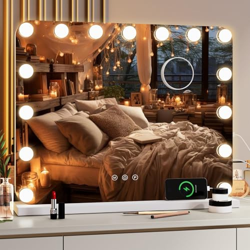 MAMIZO Specchio trucco con luci,58x46cm,Specchio Hollywood,15LED, 3 colori di luce,luminosità regolabile,con USB e Type-C, lente d'ingrandimento 10x,specchio da parete,specchi da tavolo,Bianco