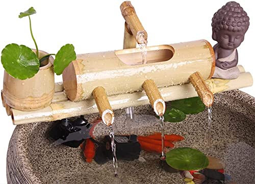 MRKU Fontana d'Acqua Accents con Pompa, Tre uscite d'Acqua, Decorazione per Fontana Giapponese in bambù, Fontana Fai da Te in bambù per Giardino Zen, 40 cm