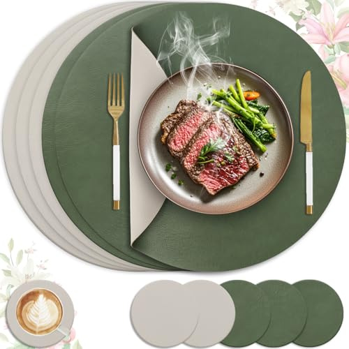 HELI MIAO 6er Set Tischset aus Leder-Imitat，Platzsets abwaschbar und wasserdicht，Platzdeckchen Lederoptik mit Untersetzer,Tischuntersetzer Doppelseitigen rutschfest(Rund,Grün+Hellgrau)