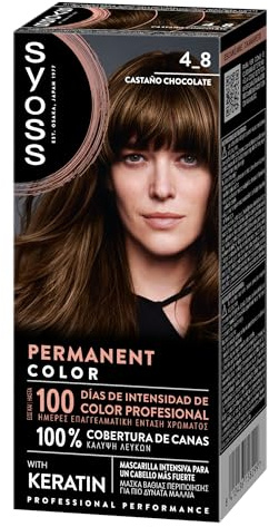 SYOSS Permanent Color 4-8 Castaño Chocolate, tinte de pelo y mascarilla con keratina, para una cobertura profesional de canas, color duradero y cuidado intensivo