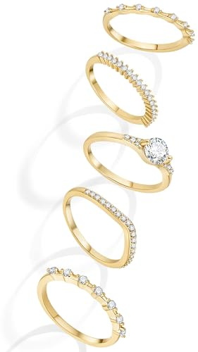 Macachii 5 Pcs Silver Ring Set for Women Teen Waterproof Diamante Cubic Zircon Dainty Thin Finger Wedding Promise Fake Engagement Stackable Statement Rings Birthday Gifts with Jewellery Box